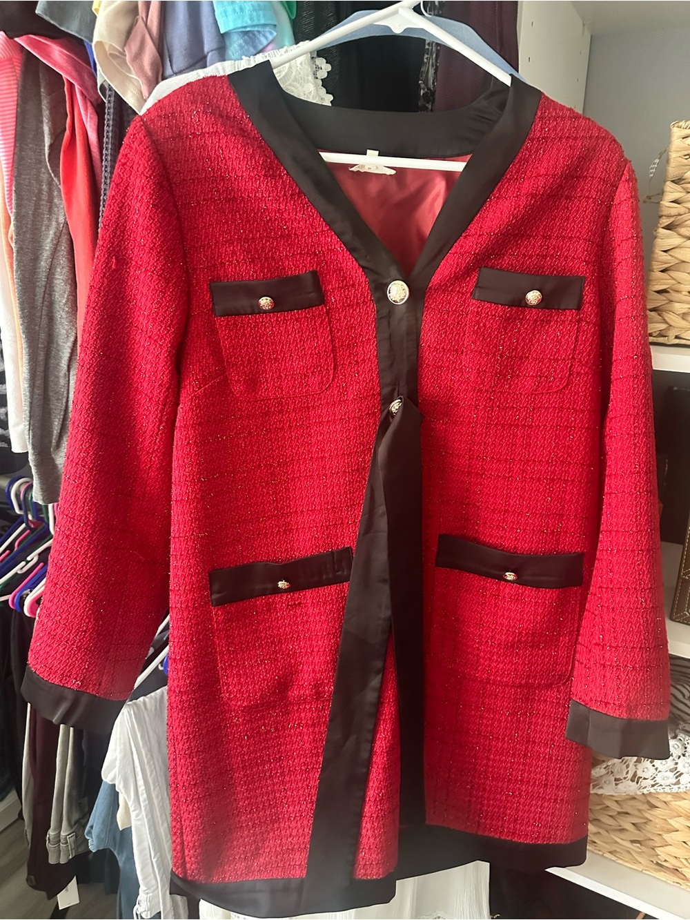 Red Tweed Longline Dress with Black Trim
